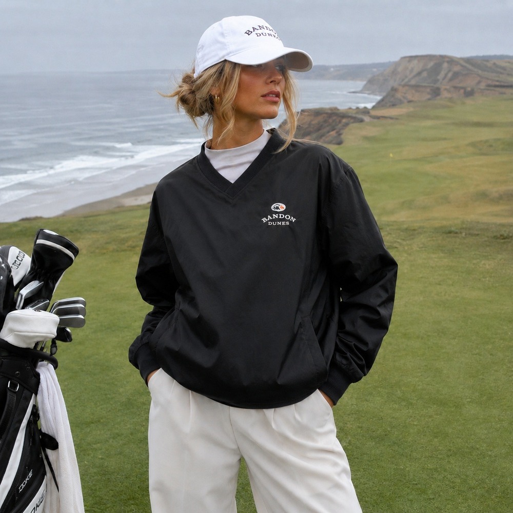 Forrester's Bandon Dunes Golf Pullover Shell Black Gold Women's L Y2K